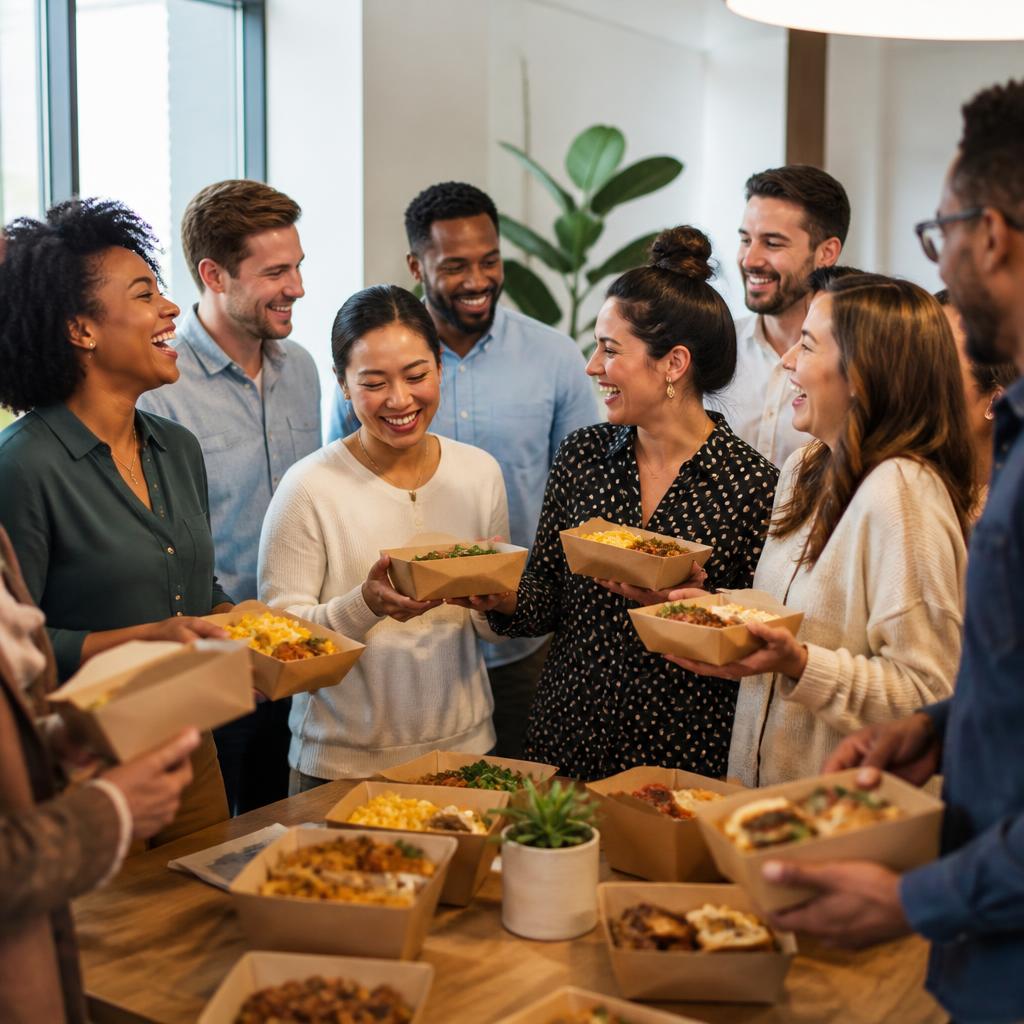 Happy diverse office team enjoying individually packaged catering meals — the individually-together model